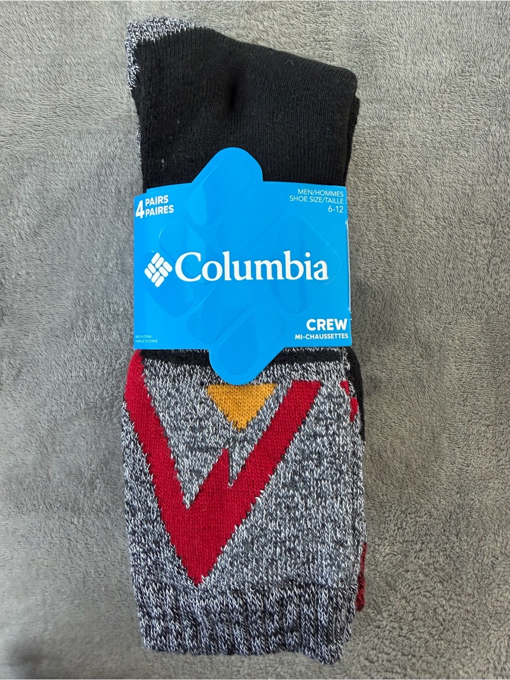 (4 Pairs) Columbia Men's Crew Socks - Black, Gray, Red & Yellow Accents